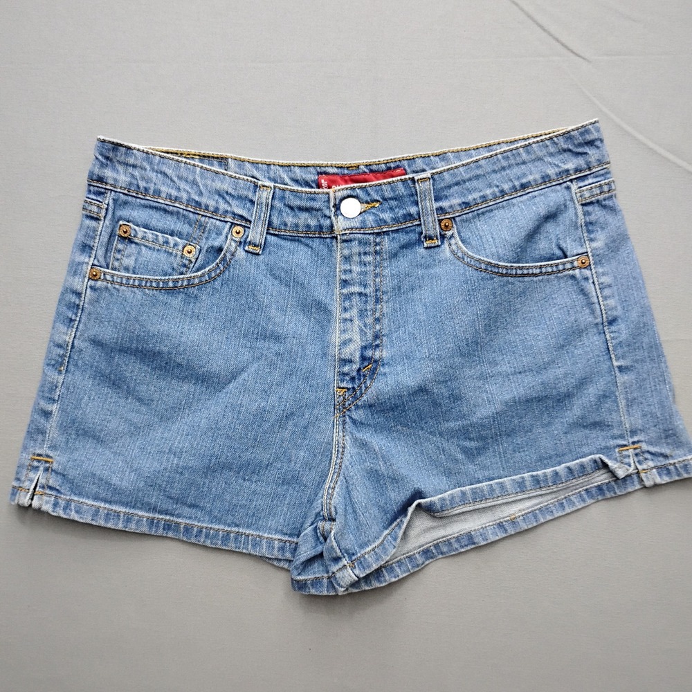 Vintage 2004 Levis Superlow Stretch Denim Shorts Size 11 Blue Stained Mexico